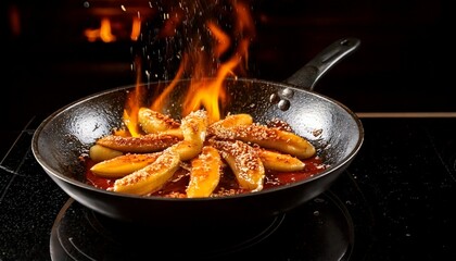 Caramelized bananas flamb&eacute;ed in a pan