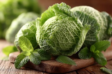 Fresh green cabbage with mint leaves on a wooden cutting board in a rustic kitchen setting at midday