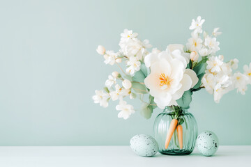 Easter Floral background, Elegant Cream Floral Bouquet with Carrots in Glass Vase, with Easter Eggs