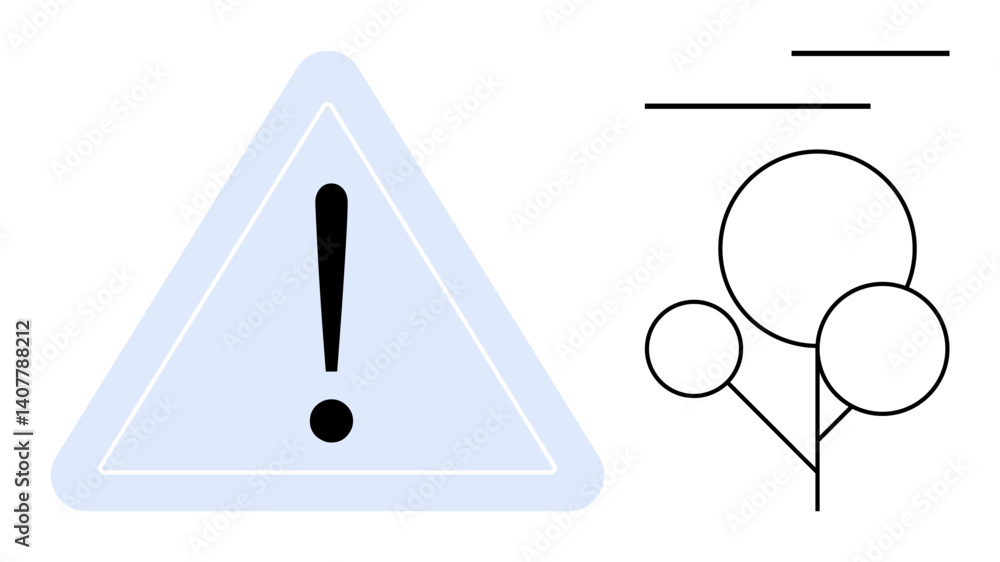 Poster exclamation mark inside triangular caution sign paired with abstract tree illustration. ideal for sa