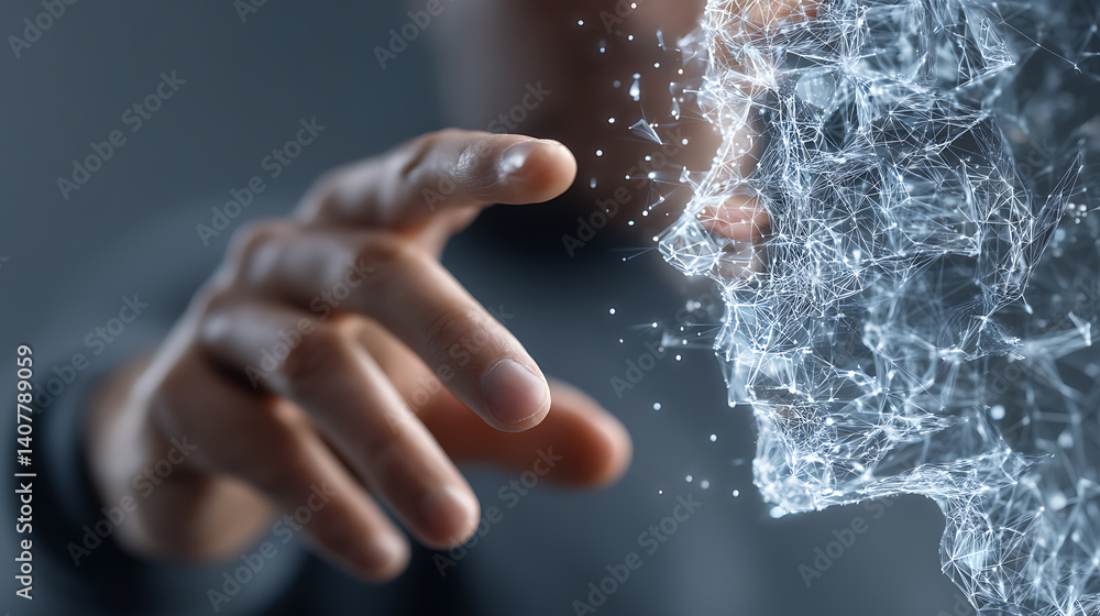 Poster hand interacting with abstract digital network represents connectivity and artificial intelligence c
