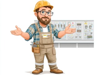 A cartoon image of a friendly worker wearing a hard hat and overalls, gesturing with open arms in front of an electrical control panel.