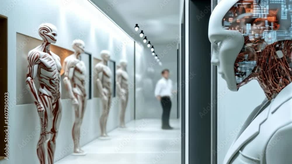 Poster in a modern corporate training facility, a humanoid robot stands prominently. the background shows o