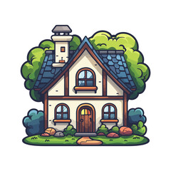 Fototapeta premium Charming Cartoon Cottage Illustration A Whimsical Home in Lush Greenery