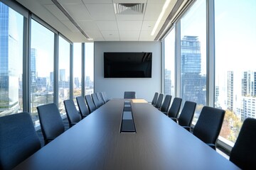 Fototapeta premium Modern Conference Room Facing City Skyline Through Large Windows