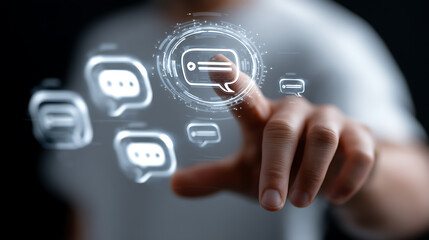 Person Taps Hologram Of Digital Chat Bubble Icon Promoting Messaging Technology And Communication For Business Or Personal Use
