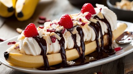 A banana split topped with whipped cream, fresh raspberries, and drizzled with chocolate sauce, served on a white plate.