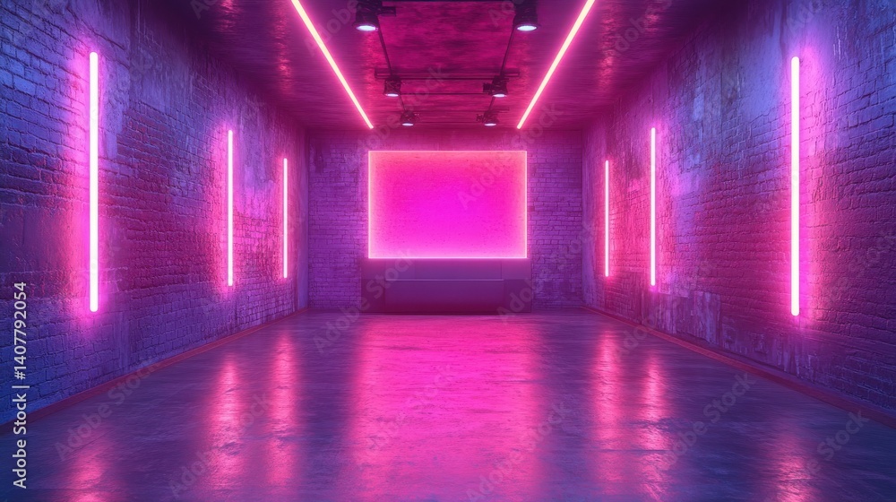 Aufkleber a 3d rendered empty pastel studio room with a neon tube on wall serves as background for