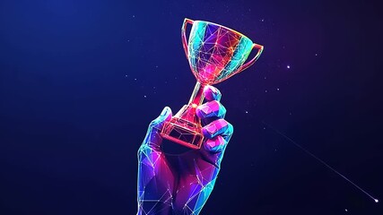 Colorful digital trophy held high in a vibrant cosmic background, celebrating achievement and success