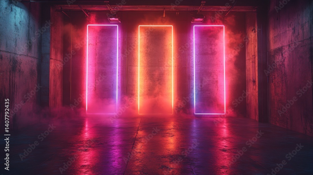 Poster a 3d rendering of a futuristic neon lit club stage in a dark grungy garage with concrete walls and a