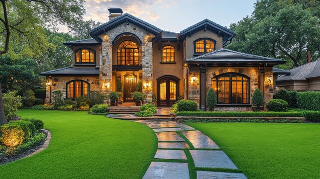 a beautiful home in the city of dallas with lush green grass and large trees in the front yard the house has three stories and is located on an upscale street with other high end homes nearby