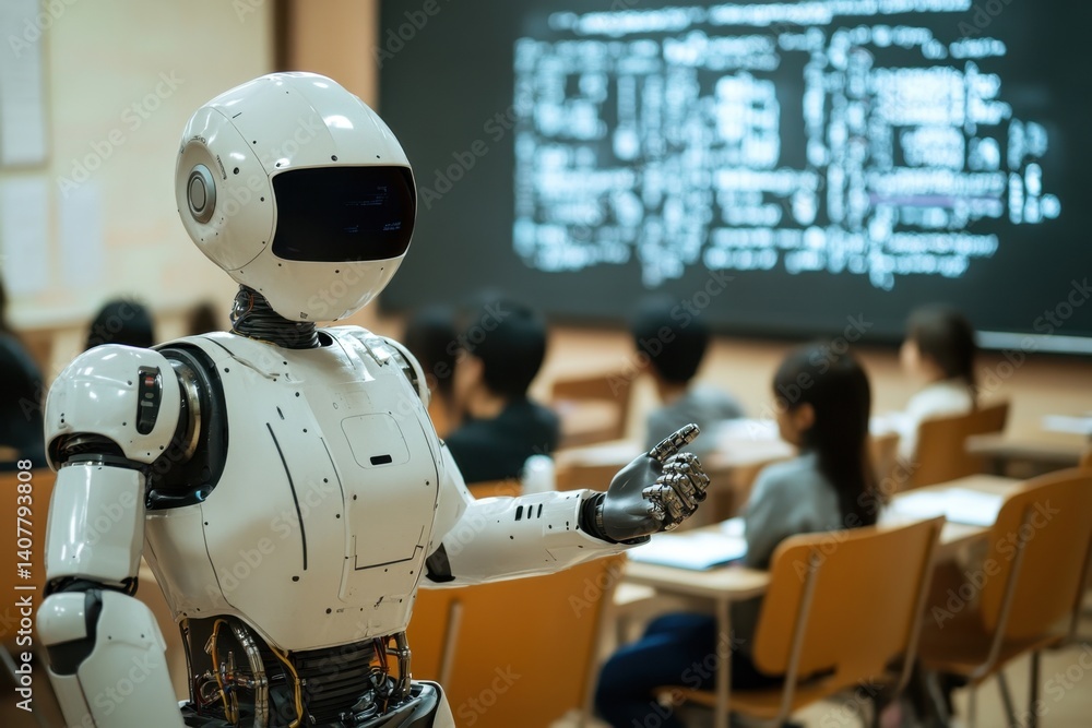 Poster robot teaching students in a classroom setting during a technology lesson
