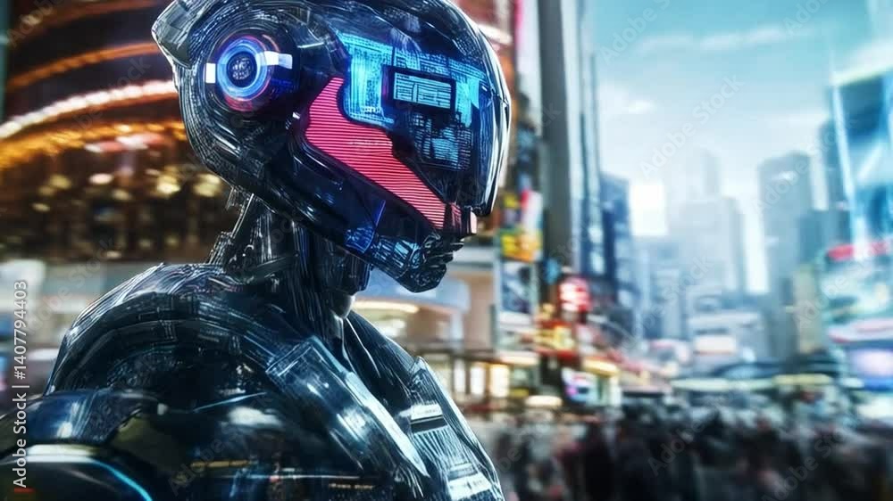 Poster a humanoid robot stands in a bustling city square, absorbing data from large digital displays amid t