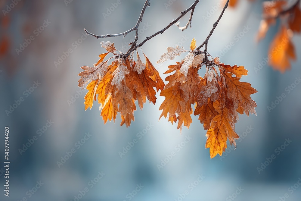 Poster autumn leaves with frost clinging to branches create a captivating contrast in a tranquil forest set