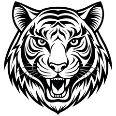 Aggressive Roaring Tiger Head Black and White Vector Illustration