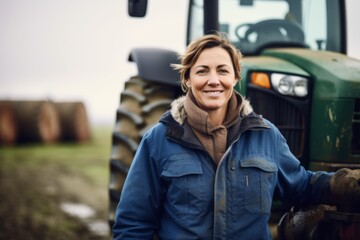 smiling middle aged female farmer standing next to his tractor with a farm in the background