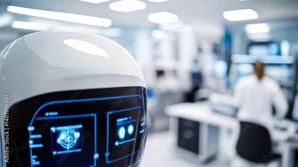 Fototapete A humanoid robot is showcased in a corporate training environment, featuring advanced technology and glowing interface. Scientists and engineers focus on its development and programming tasks behind.