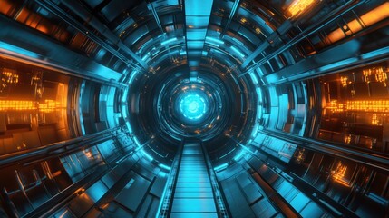 A futuristic tunnel with glowing lights and detailed metallic structures