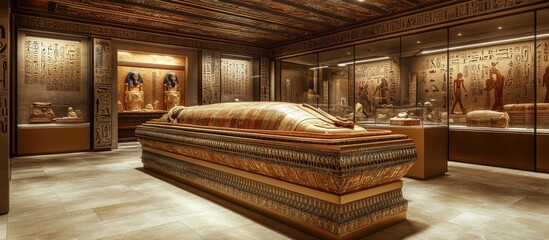 Egyptian Museum Exhibit, Sarcophagus Display, Ancient Artifacts