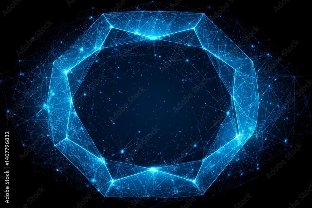 Poster geometric digital representation of a blue polygon with interconnected nodes against a black backgro