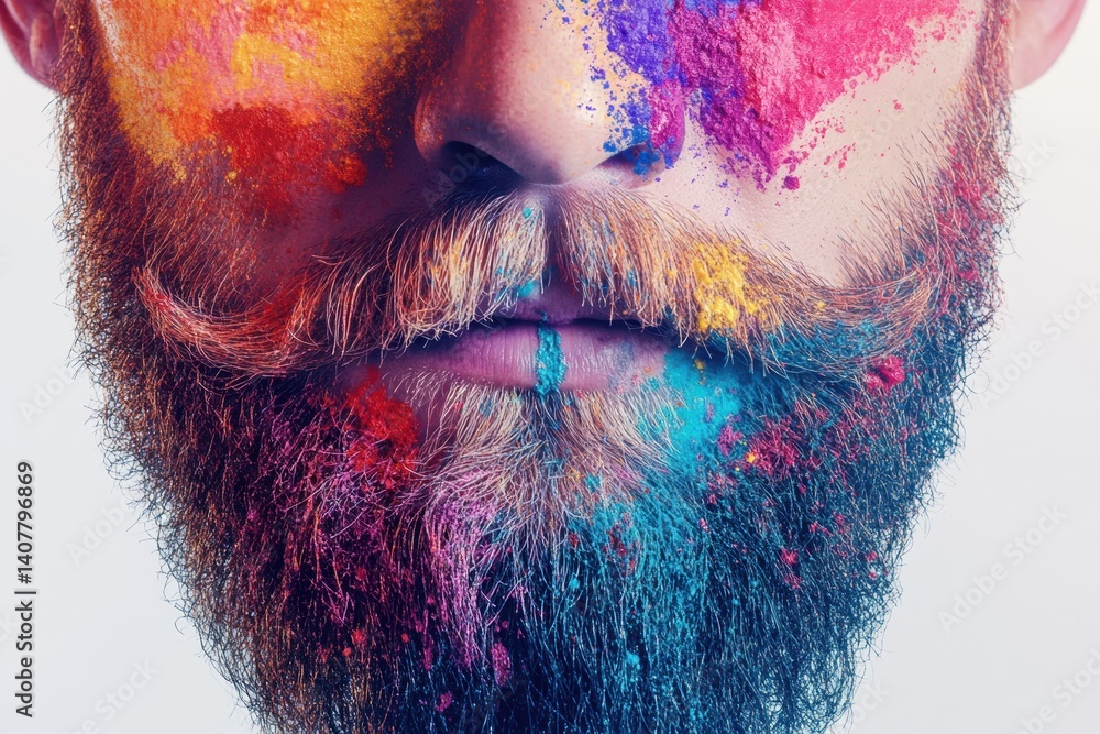 Poster colorful beard art with splashes of paint creating an artistic vibe on a models face in a bright and