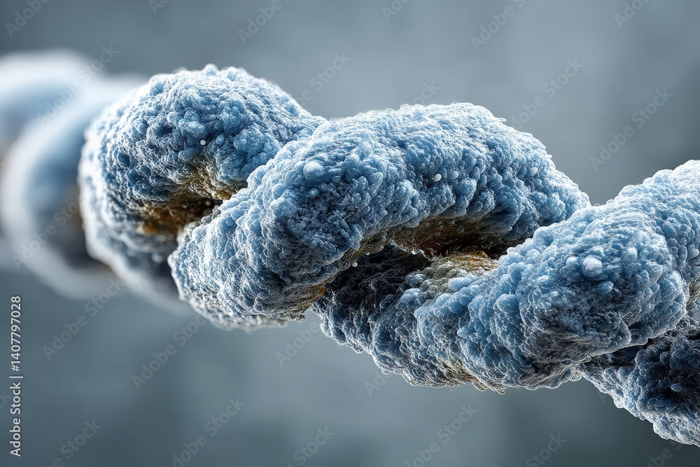 Poster close-up view of a twisted rope showcasing intricate textures and microbial life in a detailed obser