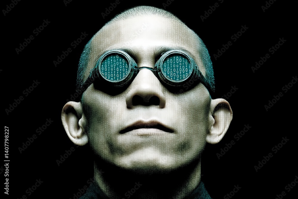 Poster mysterious figure with futuristic goggles reflecting binary code in a dark space