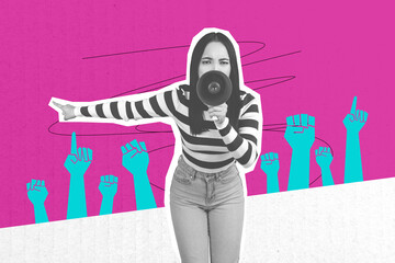 Template sketch image composite artwork collage of female power young lady stand proclaim...