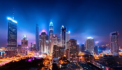 Obraz premium a vibrant cityscape featuring glowing buildings that brightly illuminate the night sky
