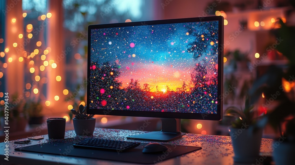 Poster a computer monitor sits on a desk with a pile of confetti