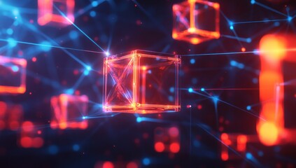 Obraz premium Glowing red and blue digital cubes connected with light lines