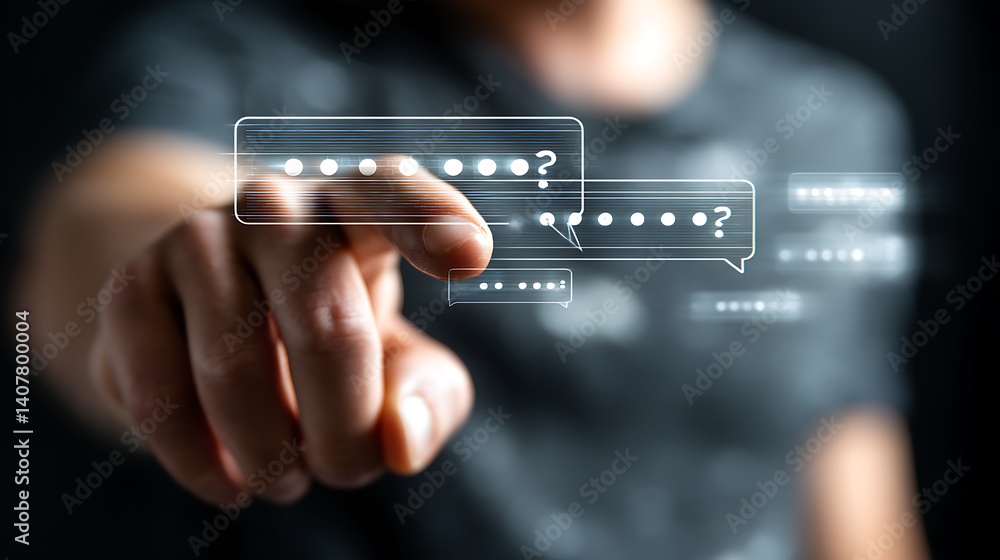Poster finger touching digital chat bubbles representing online communication and inquiry requesting inform