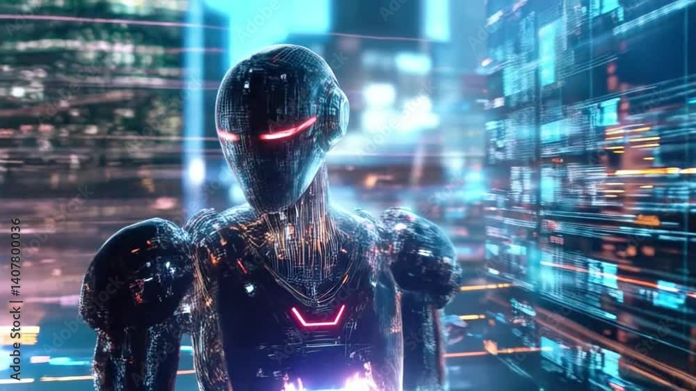 Poster A humanoid robot focuses intently on dynamic digital displays in a futuristic setting. The environment reflects high-tech design elements, emphasizing corporate training in scientific innovation.