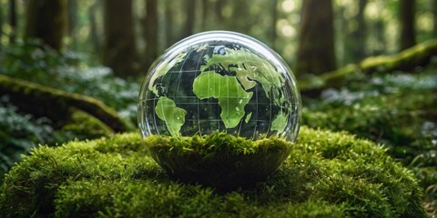 Green grass cradles the blue planet Earth, a global sphere illustrating nature's environment
