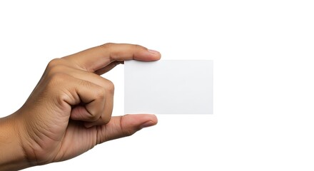 Fototapeta premium Hand holding blank business card, white background, negative space for text insertion
