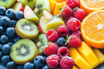 Obraz premium Summer Fruits. Fresh Assortment of Juicy Berries and Fruits on Plate Background