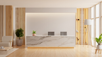 Modern minimalist reception area featuring a marble front desk, wooden slat wall accents, natural lighting- 3D rendering