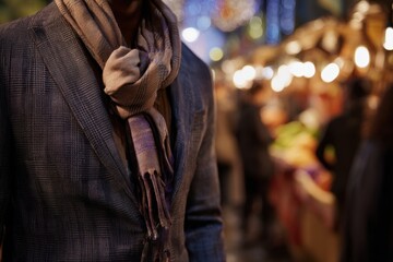 Fototapeta premium A stylish individual strides through a lively market at dusk, enveloped in the warm glow of string lights and the vibrant energy of the scene.