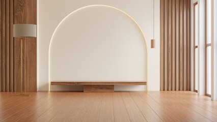 Modern empty living space featuring a curved recessed wall niche with LED lighting, wooden slat panels- 3D rendering