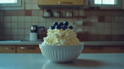 Delicious whipped cream topped with fresh blueberries in a cozy kitchen setting, showcasing a delightful dessert ready to be enjoyed on a sunny day