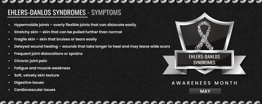 Original Ehlers Danlos Syndromes ribbon with Symptoms, Shield Design with Pattern Based Background.