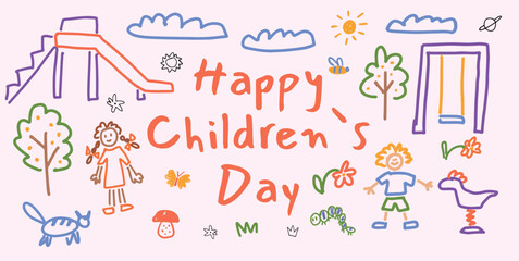 Fototapeta premium Children's Day with flying colorful doodles. Vector doodle cartoon kids, animals, playground. Concept for poster, banner, advertisement