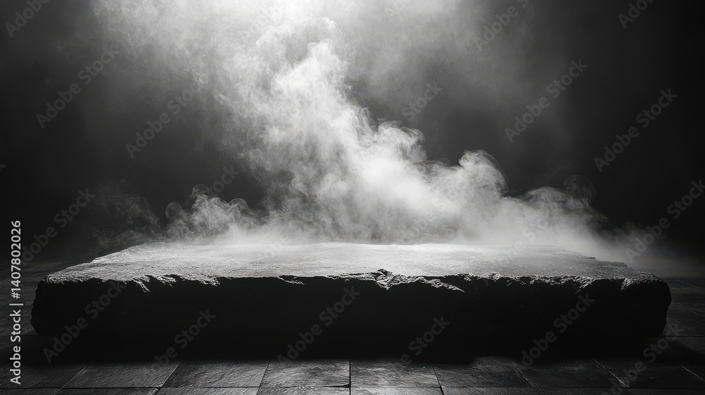 Aufkleber a dark room with a black stone floor and an empty black marble table is filled with smoke creating a