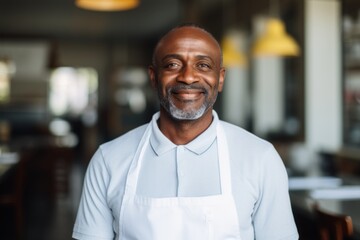 Obraz premium Smiling portrait of a middle aged African American small and local restaurant owner looking at camera
