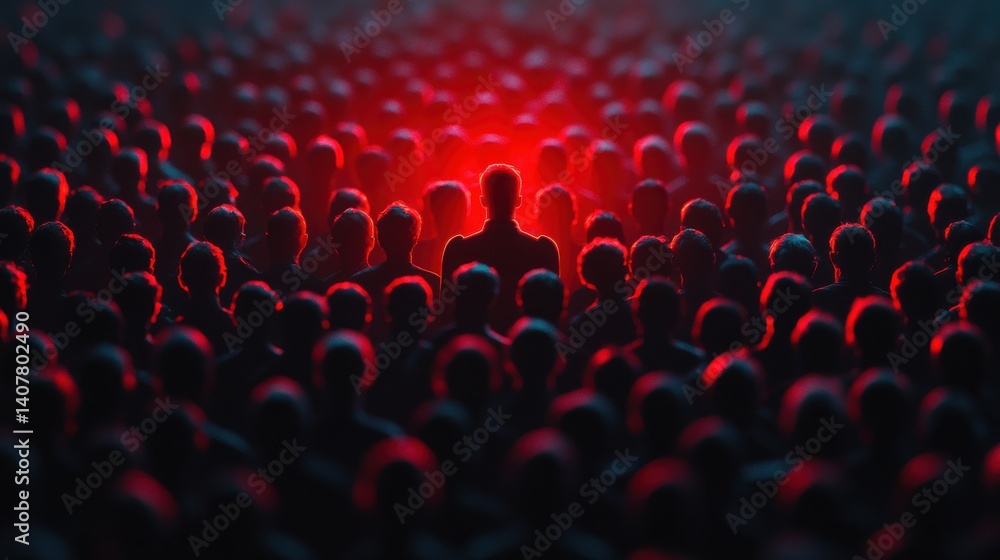 Poster a dense crowd of matte black silhouettes with a striking red figure in sharp contrast under a spotlight emphasizing the peril of insider threats in data environments,photo stock