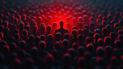 a dense crowd of matte black silhouettes with a striking red figure in sharp contrast under a spotlight emphasizing the peril of insider threats in data environments,photo stock