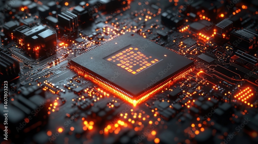 Poster a detailed depiction of a microchip at the center surrounded by vibrant glowing data streams that highlight advancements in technology and computing,photo stock