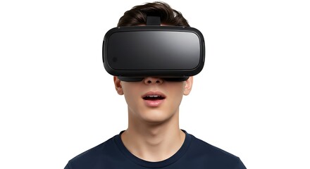 Person wearing virtual reality glasses, white background, expression of surprise or immersion