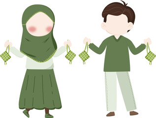 The illustration of muslim children celebrate eid mubarak
