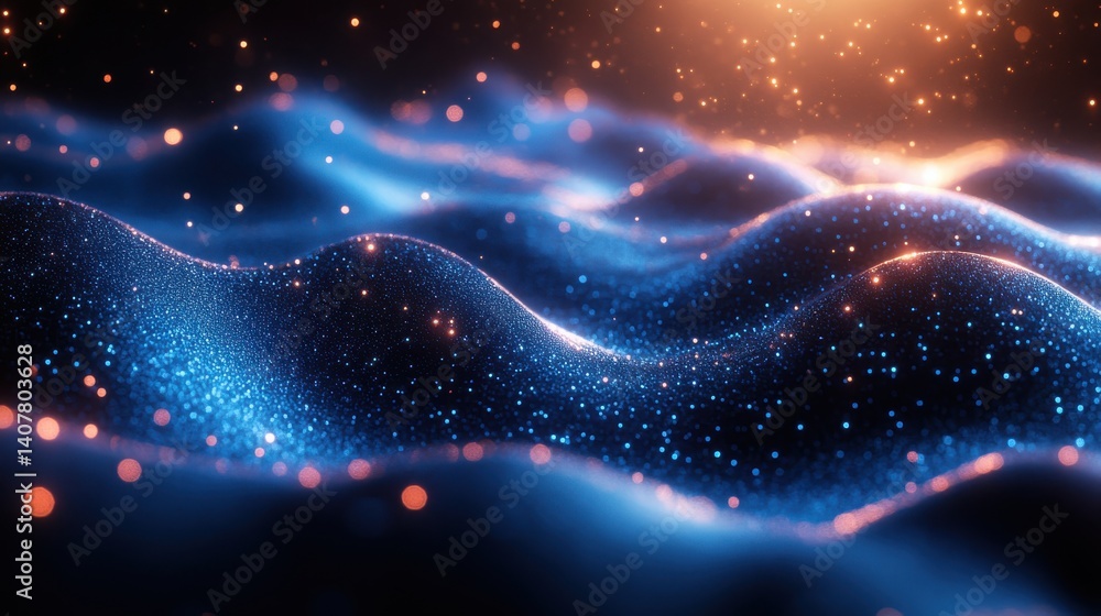Poster a digital landscape featuring glowing blue particles and lines creating an ethereal futuristic atmos